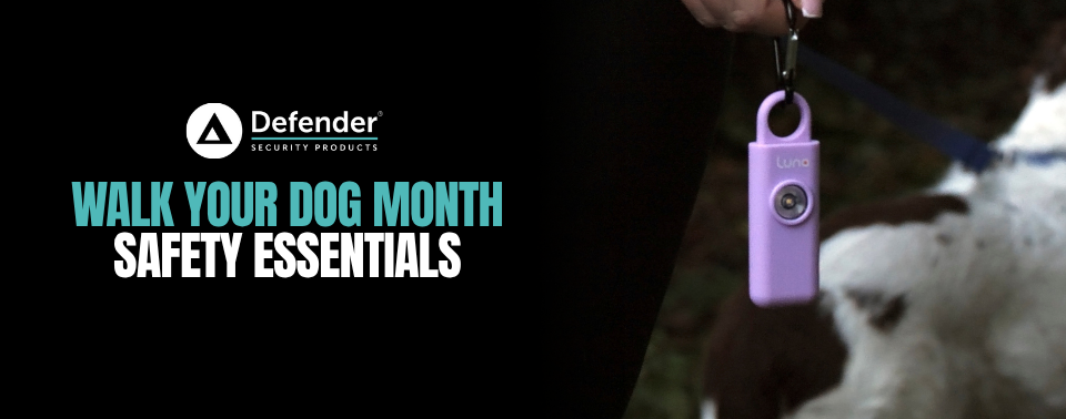 Dog owner walking with safety essentials from Defender during Walk Your Dog Month