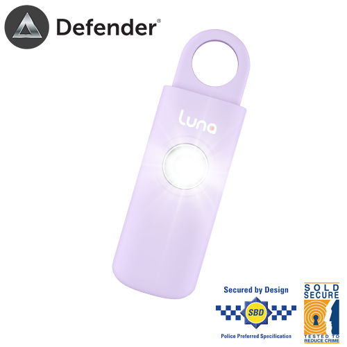 Defender Luna 125dB personal alarm with LED strobe and carabiner clip, suitable for kids and outdoor users in the UK