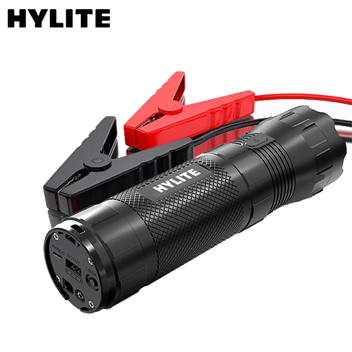 Hylite Jump-Lite: 3-in-1 jump starter, flashlight, and power bank for emergency road trip protection.