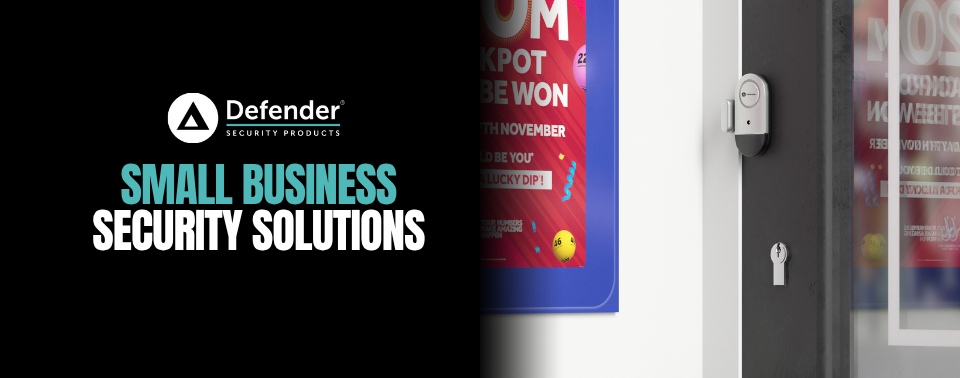 Defender Security ultra slim vibration alarm and entry chime displayed for small business security.